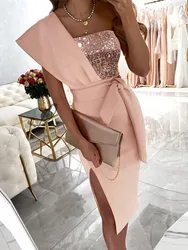 SKMY Pink Dress 2026 Spring New Women Clothing One Shoulder Sleeveless Sequin Patchwork Slim Split Bodycon Dress With Belt
