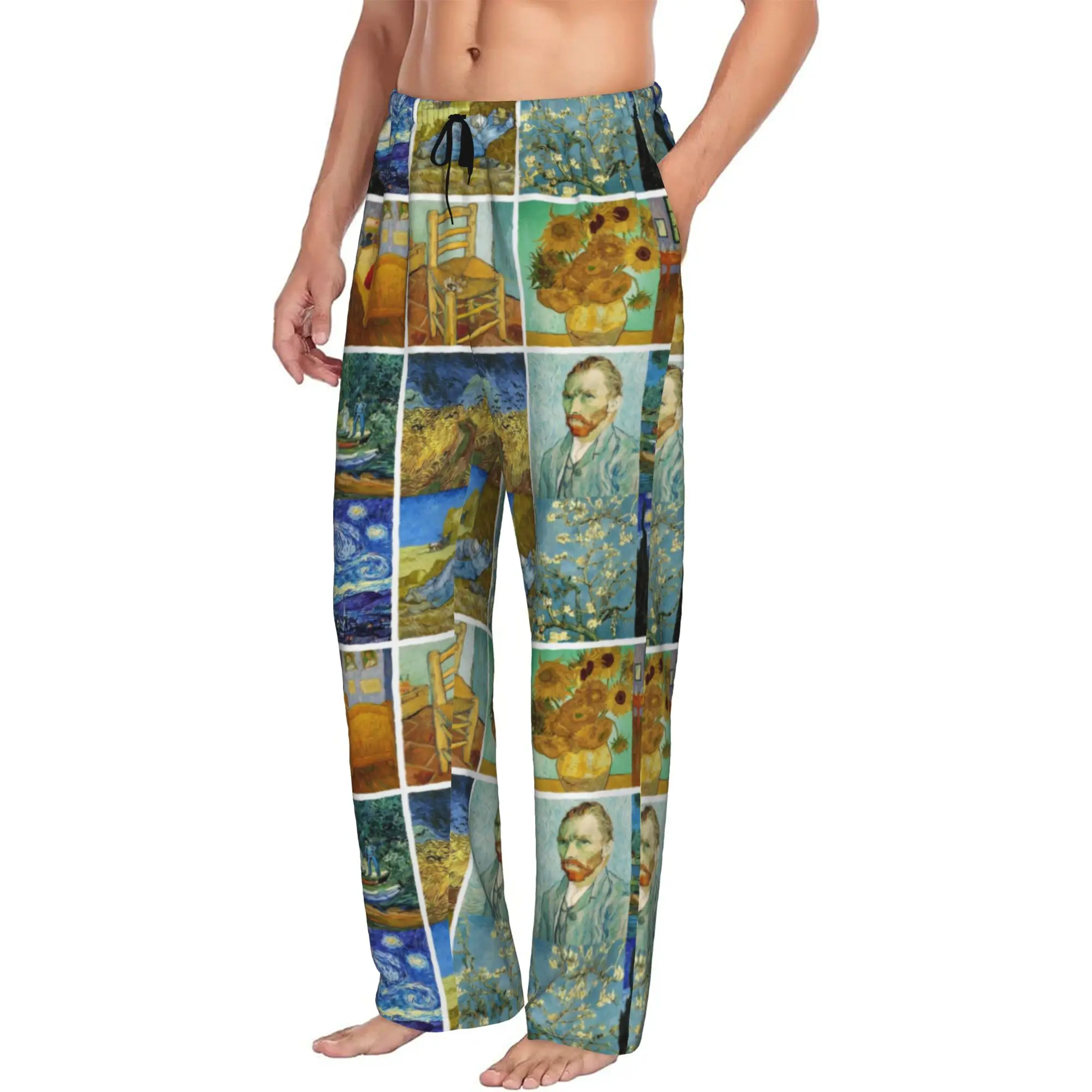 Custom Vincent Van Gogh Works Pajama Pants Sleepwear Men's Elastic Waistband Art Painting Sleep Lounge Bottoms with Pockets