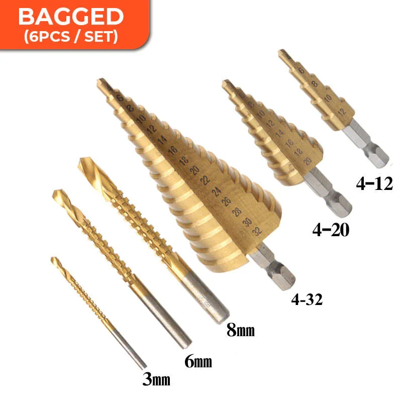 Set di punte per trapano con placcatura in titanio da 6 pezzi Set di punte per trapano a gradino con scanalatura dritta Set di punte per trapano con foro in metallo rivestito in titanio