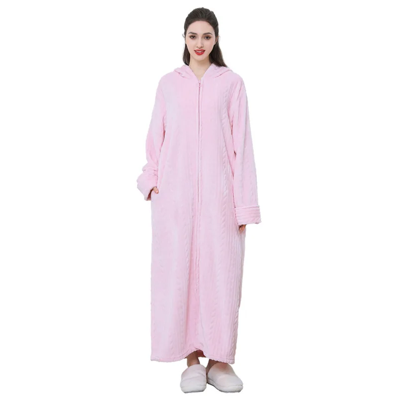 Women\'s Winter Flannel Nightgown Thickened Coral Fleece Long Sleeved Plus Size Hooded Zipper Nightgown Home Wear