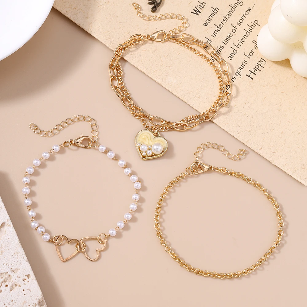 Aihua 3-teiliges Set Trendiges Goldfarbenes Ketten-Perlen-Herz-Armband für Damen, Modisches Mehrlagiges Armband & Armreif, Schmuckgeschenke – Detail 2