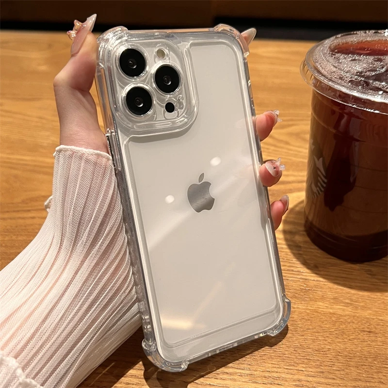 Shockproof Phone Case for iPhone 11 12 13 14 15 16 Pro Max Plus Transparent Bumper Acrylic Hard Back Cover Silver Button