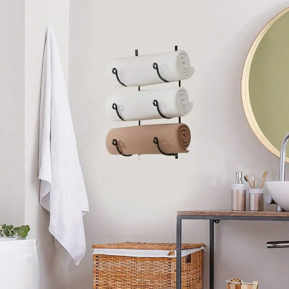 Sturdy Multi-Layer Wall Mounted Towel Rack Put Supplies Multifunctional Storage Hanging Racks Iron Black Wine Rack Living Room