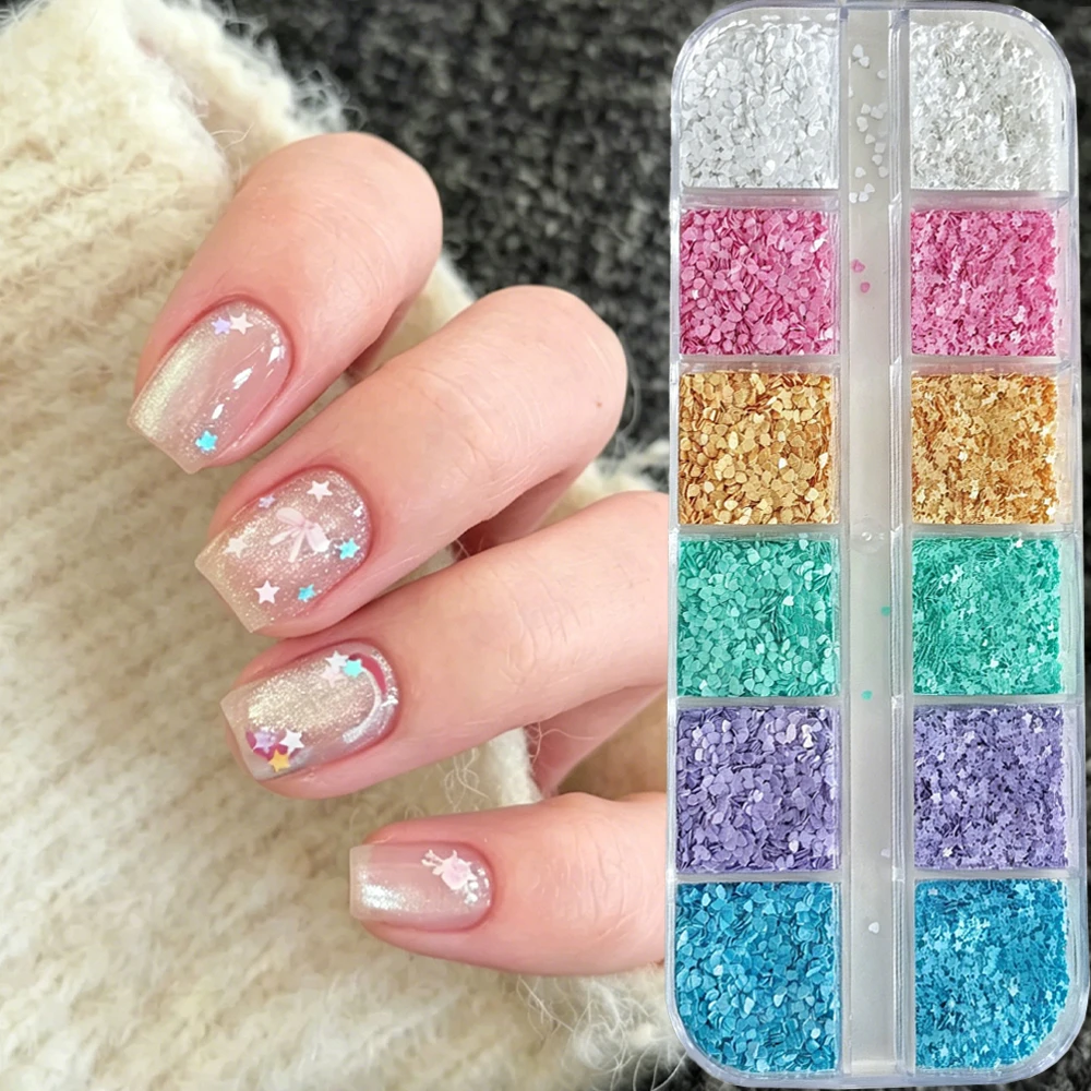 12 grilles de paillettes colorées 1 mm pour nail art, motifs étoiles, cœurs, mini macarons, pentagrammes, breloques 3D pour ongles, DIY, décoration estivale pour ongles