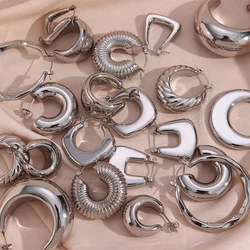 Pretty Cool Silver Color Hollow Geometric Round Trapezoid Hoop Earrings For Woman Waterproof Stainless Steel Earrings For Daily