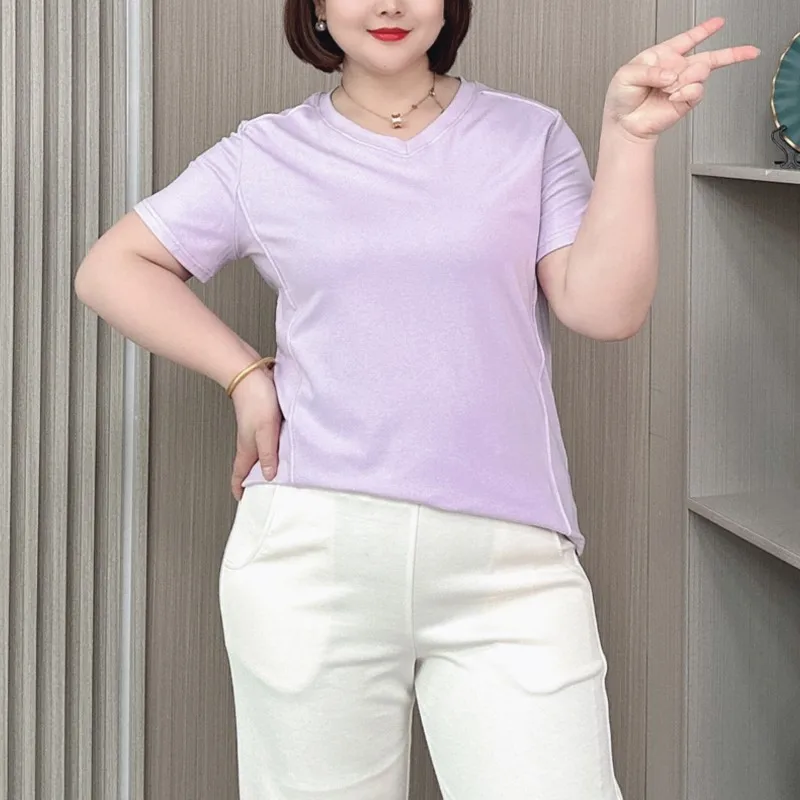 Plus Size Women Cotton Short Sleeve T-shirt New Summer 2024 Slim Temperament Solid Color V-Neck Basic Tees