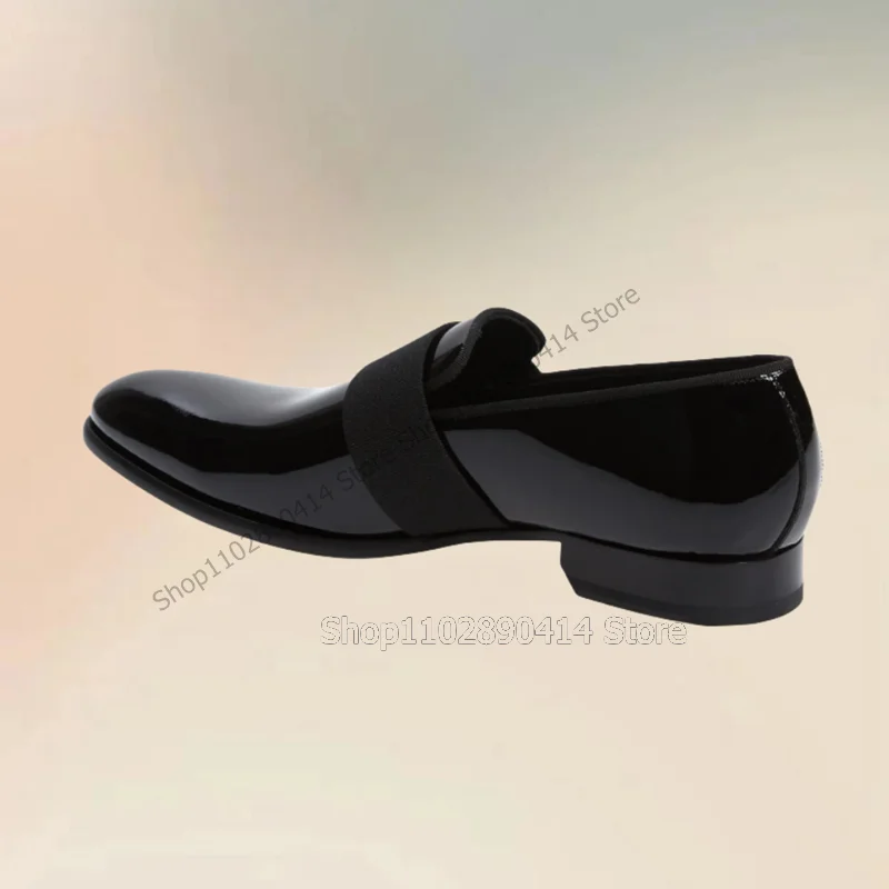 Mocassins artesanais de couro envernizado para homens, decoração preta Riband, sapatos deslizantes, festa de casamento luxuosa, sapatos de