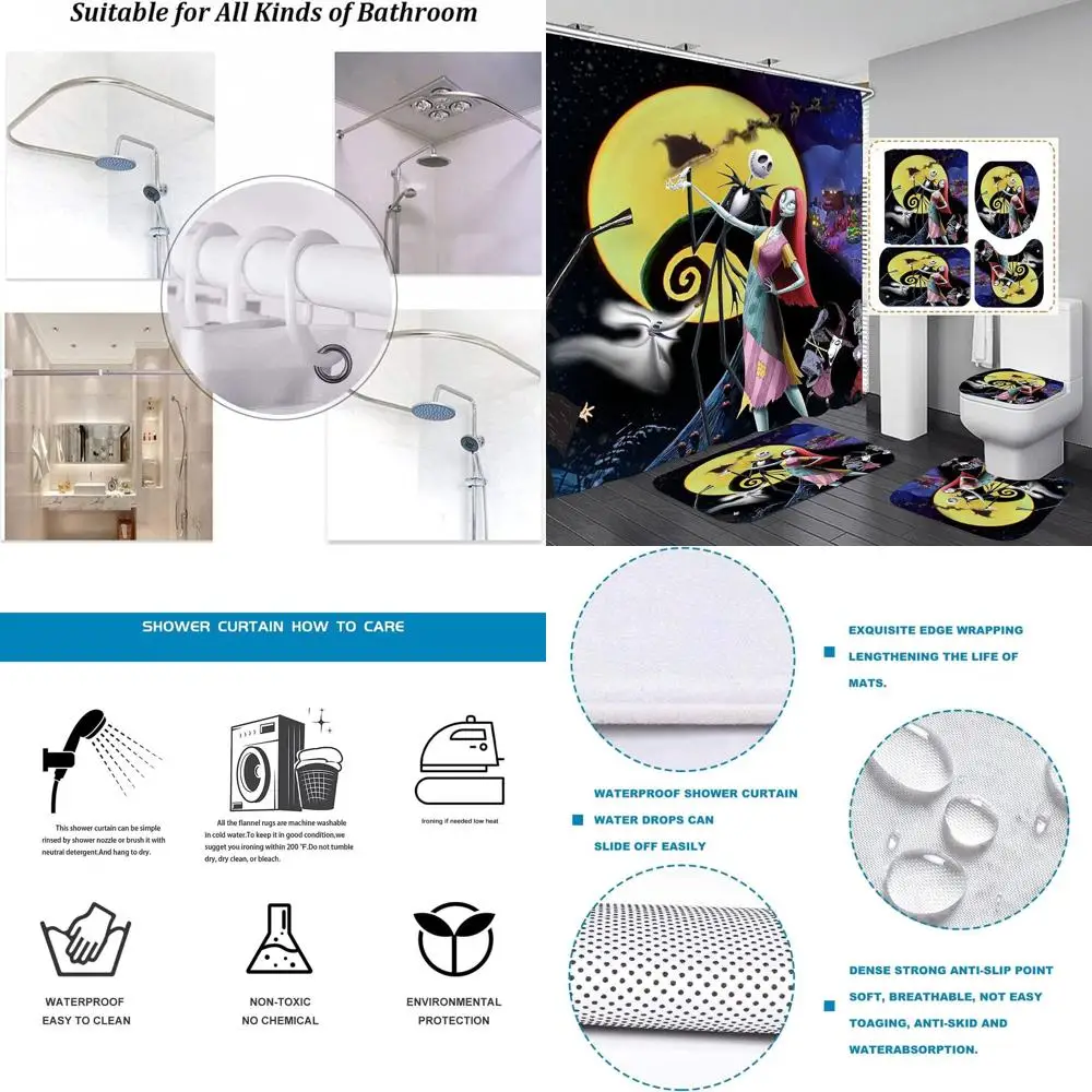 

Jack and Sally Bathroom Decor: 4-Piece Shower Curtain Set with Toilet Seat Cover, Mats, and Non-Slip Rugs, Waterproof, 72 x 72