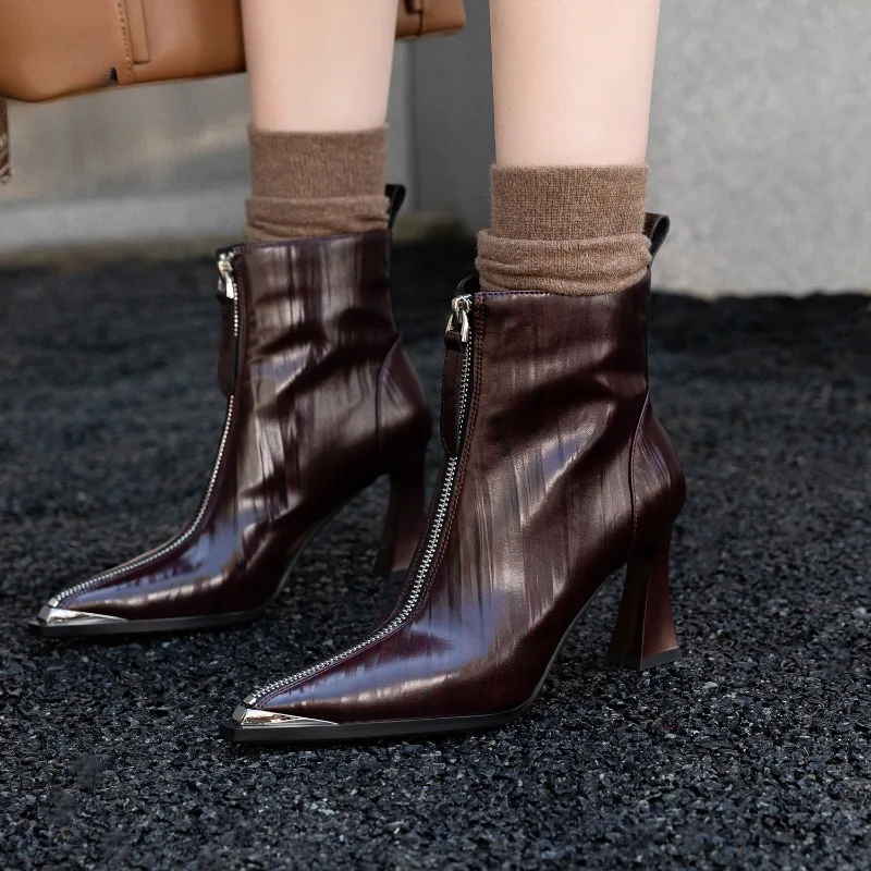 Women's Genuine Leather Pointed Toe Ankle Boots High Heel Zipper Metal Fashion for Autumn Winter Shoes Fashion Sexy Party