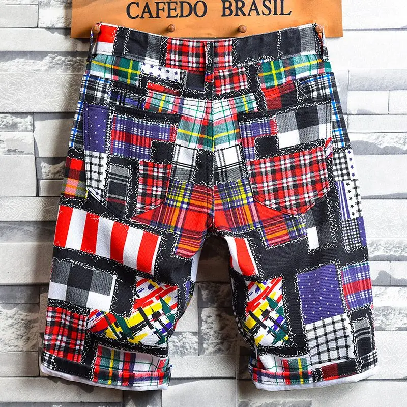 European and American large-size men's new style denim shorts, fashionable, loose, straight-cut, casual, printed denim shorts