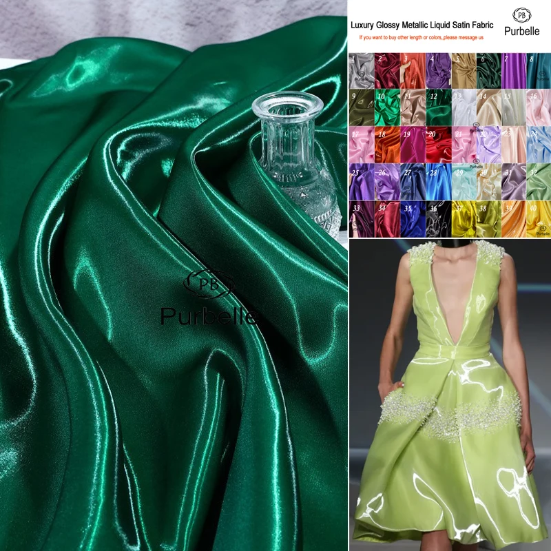 

Hunter Green Роскошная глянцевая металлическая жидкая атласная ткань Galaxy Water Gloss Атласная ткань для платья Костюм Дизайнерская одежда Materia