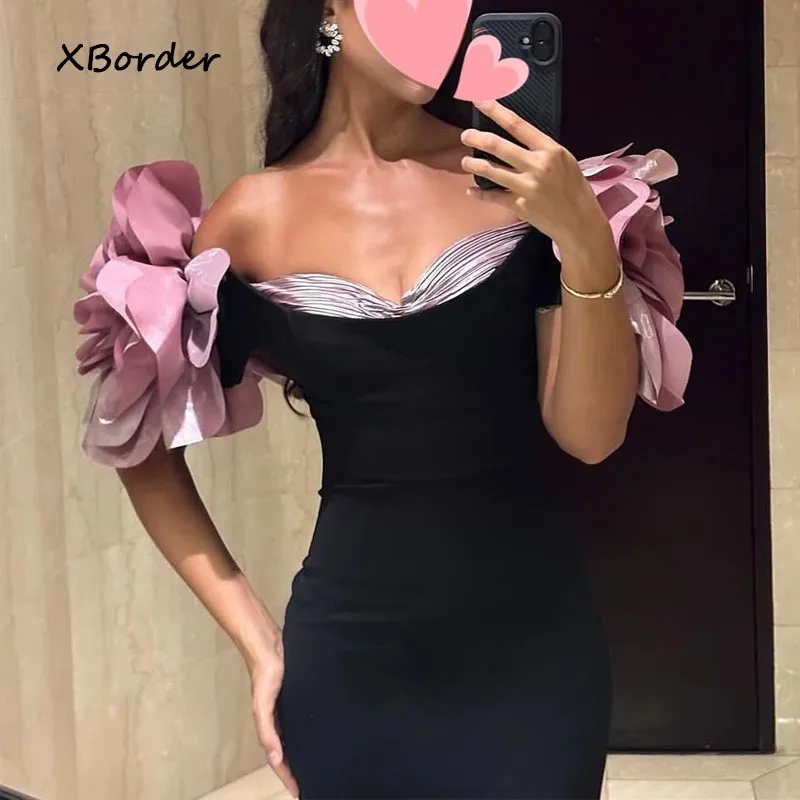 Customized Evening Dress Sexy Black Pink Satin Flowers Boat Neck Customize Formal Occasion Prom Dress Evening Party Gowns