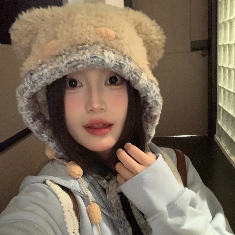 

Плюшевая вязаная шапка в форме медвежьих ушей, защита ушей, толстые шапки с капюшоном, ветрозащитные зимние теплые морозостойкие шапки, уличная велосипедная рыбалка