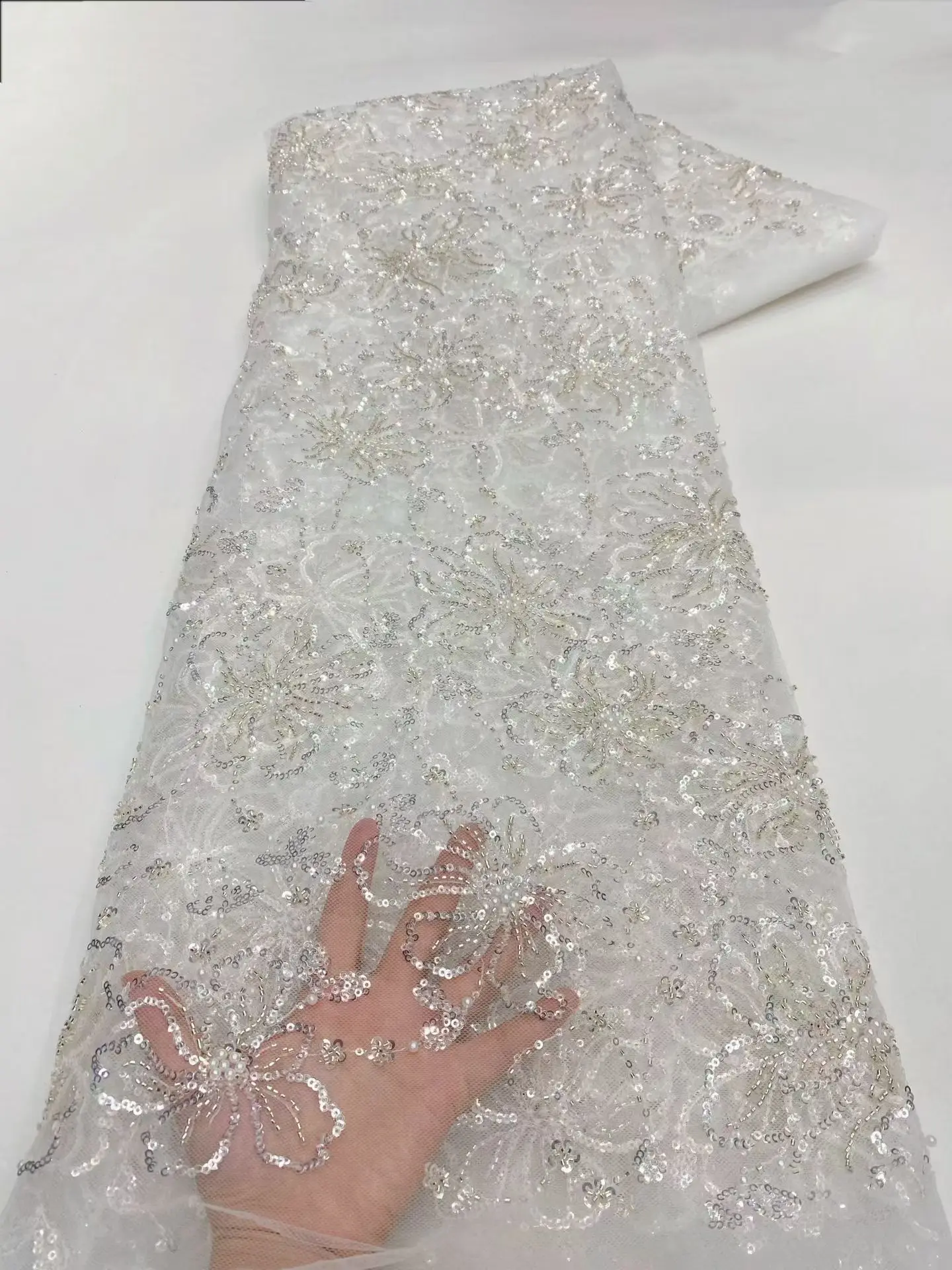 Latest Beauty White Luxury Handmade Beads Sequins African Lace Fabric 2026 Beaded French Lace Fabric For Wedding Dress KXX26112