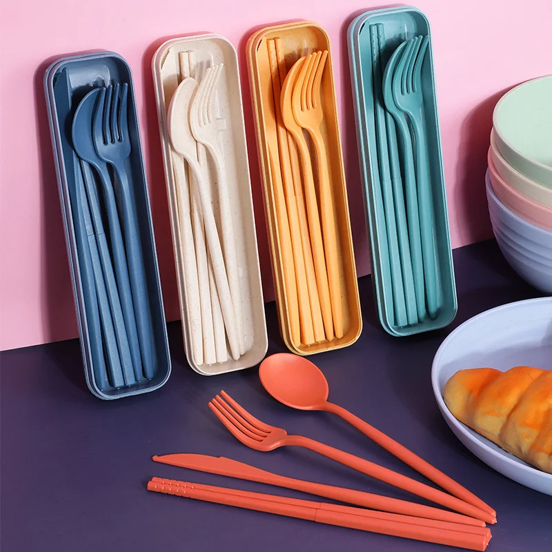 4Pcs Wheat Straw Dinnerware Set Portable Tableware Knife Fork Spoon Eco-Friendly Travel Cutlery Set Utensil Box Chopsticks Set