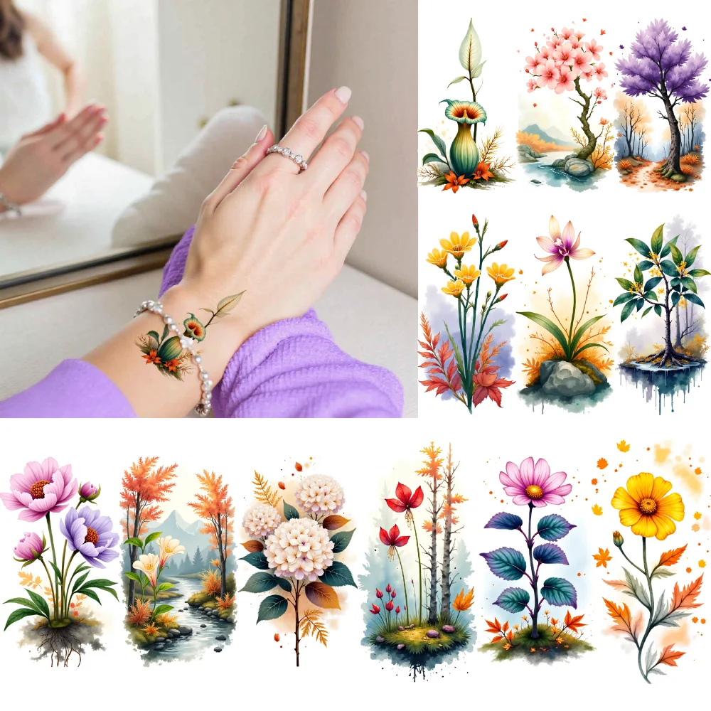 

9pcs Temporary Tattoo Floral Designs Waterproof Long-lasting Body Stickers Botanical Tattoos Watercolor For Children Ladies