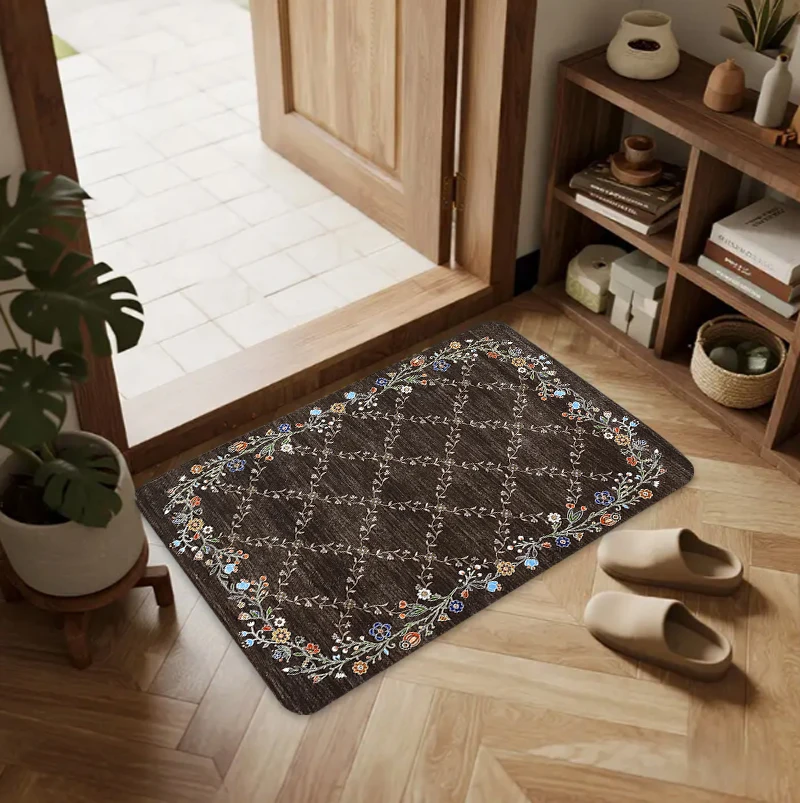 Dark Background Flower Vine Pattern Non‑Slip Doormat, Classic Style Rug for Home Entrance Porch Indoor Daily Household Decor