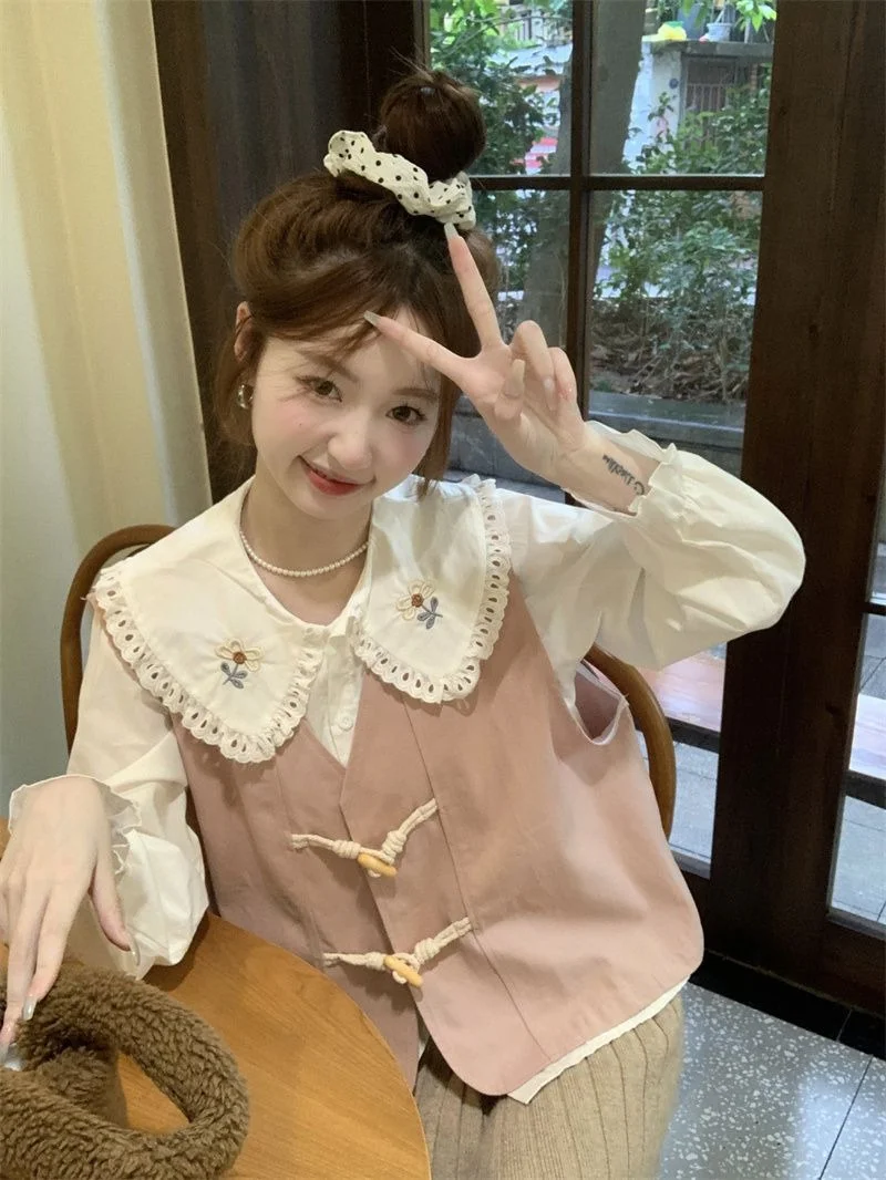 

plus Size Women's irt Set Doll Collar Embroidered ort Cardigan Long Sve Loose Fit Autumn Sweet Sle Korean Commute