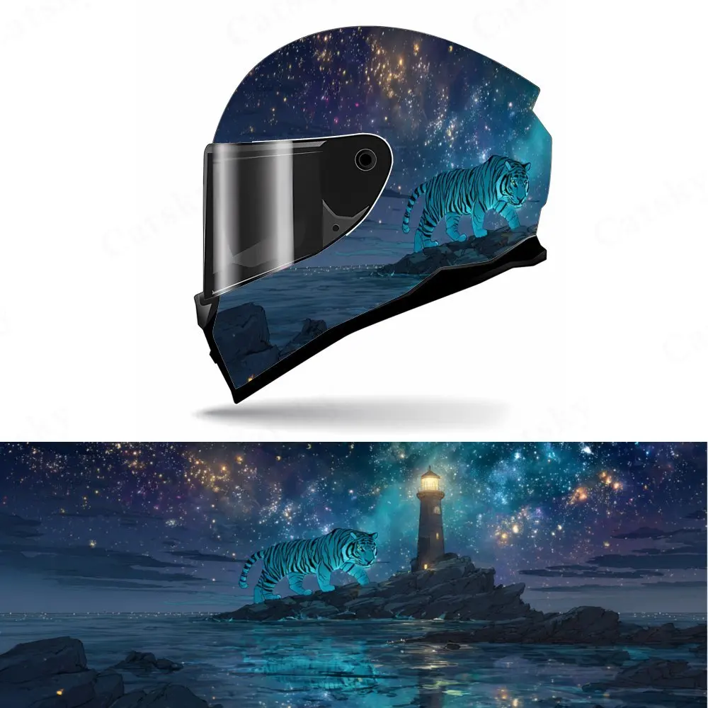 

Starry Night, Lighthouse and Ocean View - Tiger Helmet PVC Protective Sticker, Motorcycle Helmet Exterior Decorative Accessory,