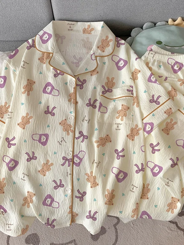 

Sweet Cartoon Cloud Cotton Sleepwear Set Short Sleeve Long Pants Casual Home Clothes for Students Can Wear Outdoors Spring Su...