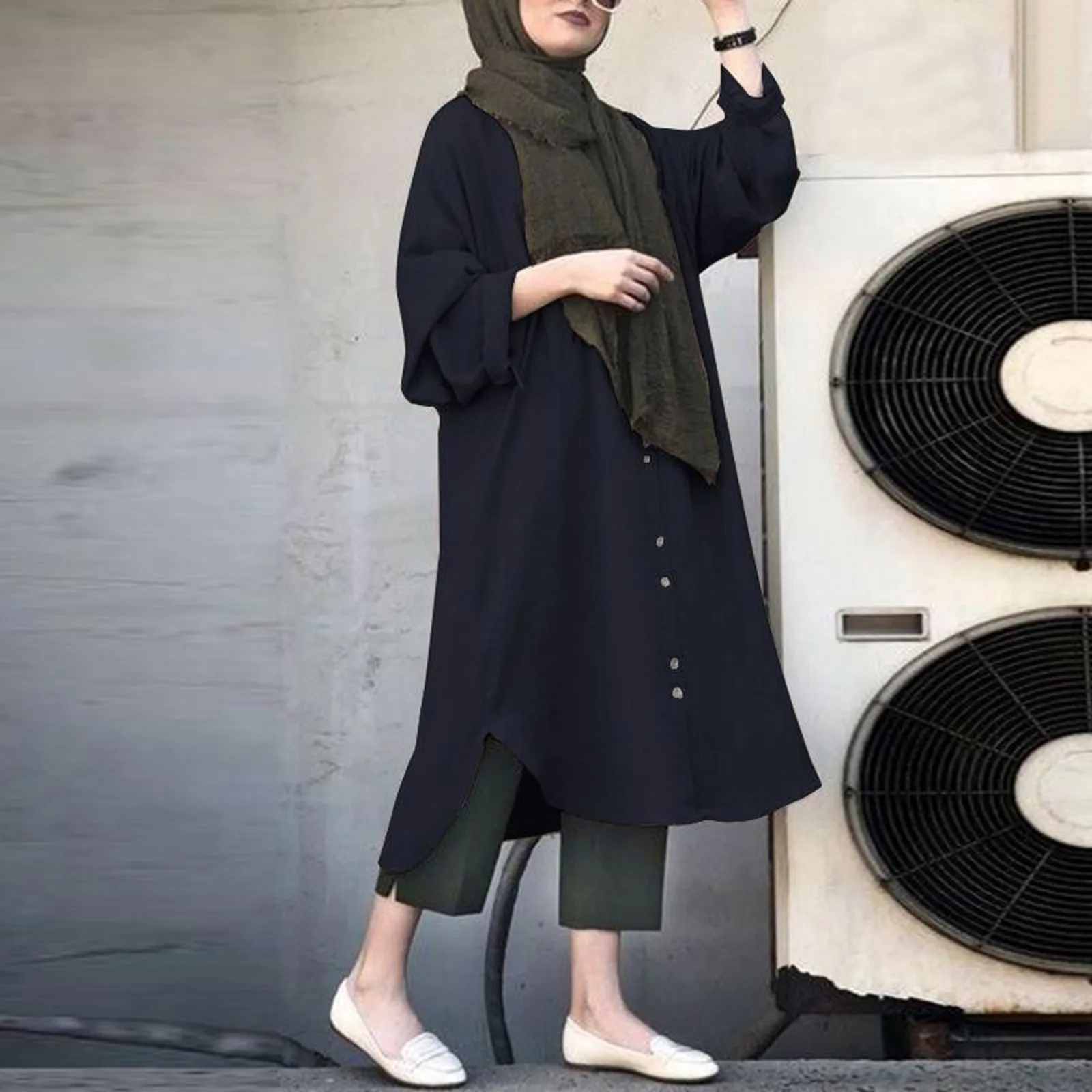 Abaya Temperament Solid Vestidos Casual Long Sleeved Button Down Split Loose Long Dress For Women Muslim Femme Dress Clothing