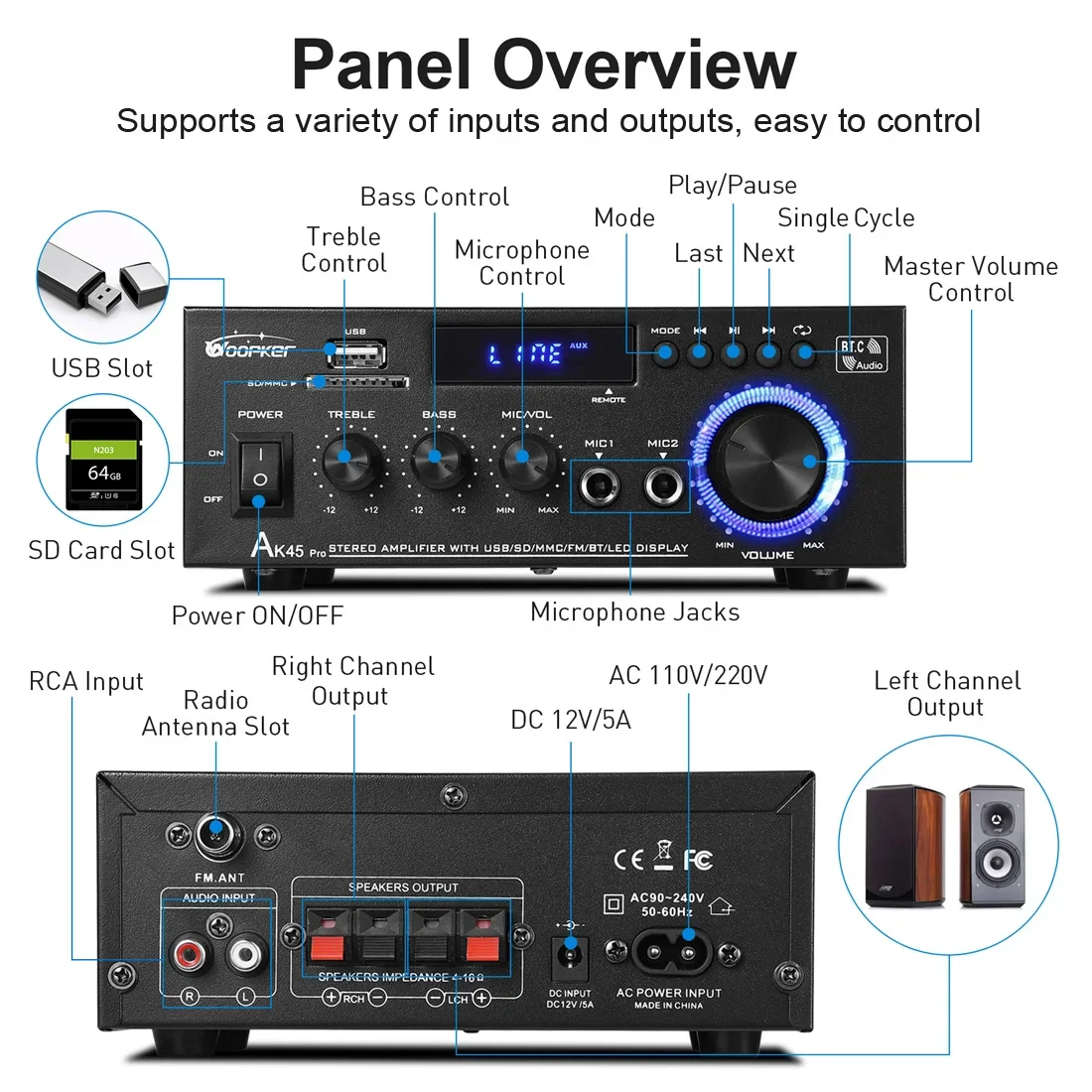 Imagem -04 - Amplificador Digital de Áudio Pro Hifi Canais Bluetooth 5.0 Potência Máxima 820w Suporte Usb sd Rca Entrada Mic para Família Ak35 Ak45 Ak45