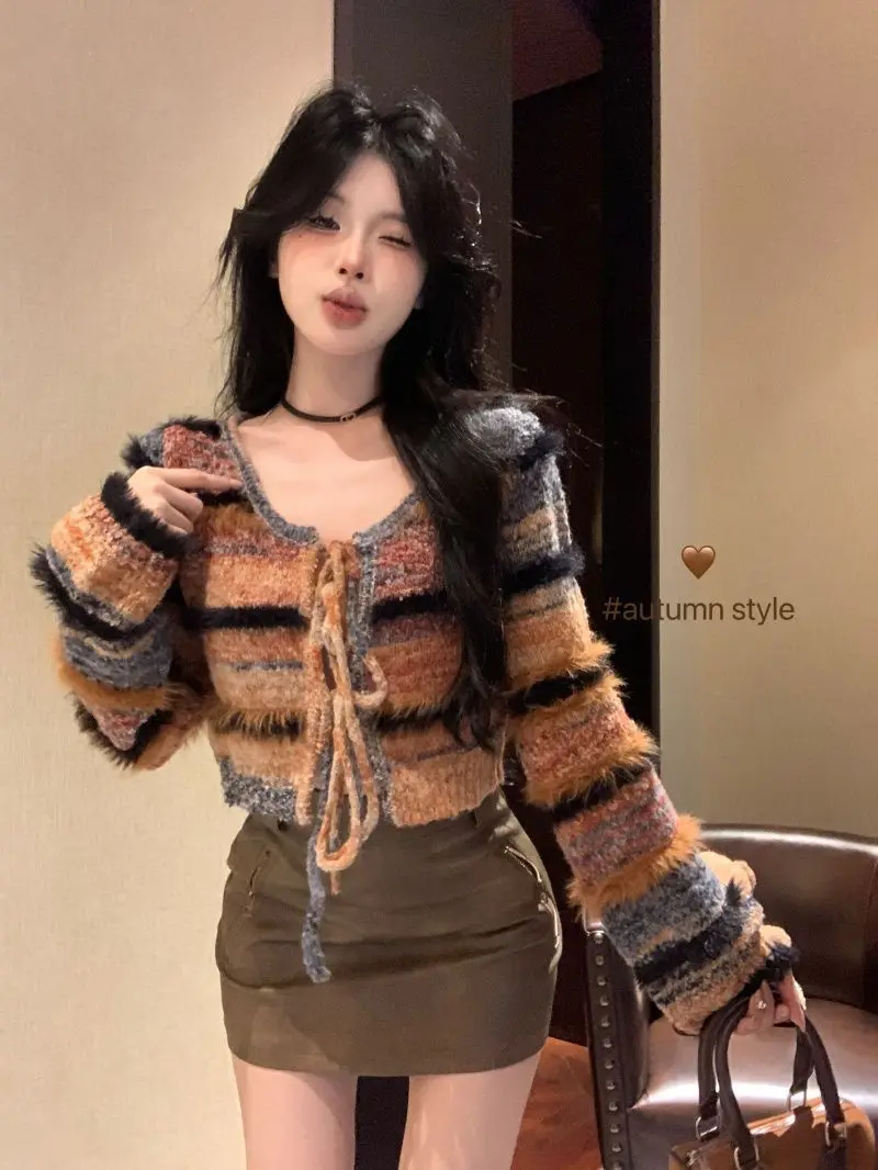 Womens Brown Striped Lace Up Cardigan Knitted Coat