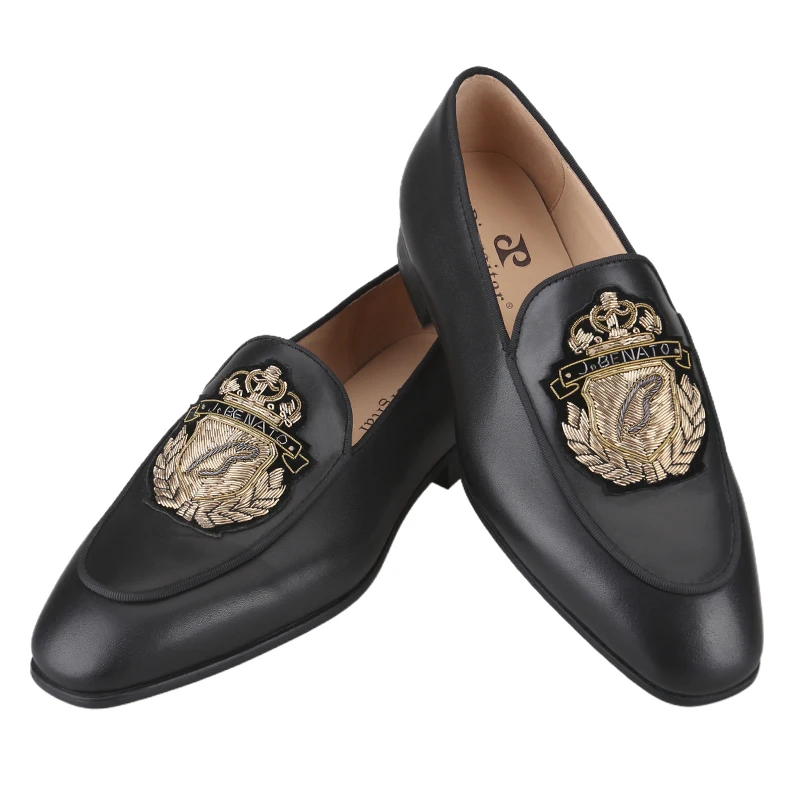 Piergitar Superior Quality Black Genuine Leather Men's Loafers With Handmade Golden Crown Badge Classic Style Slip-On Flats