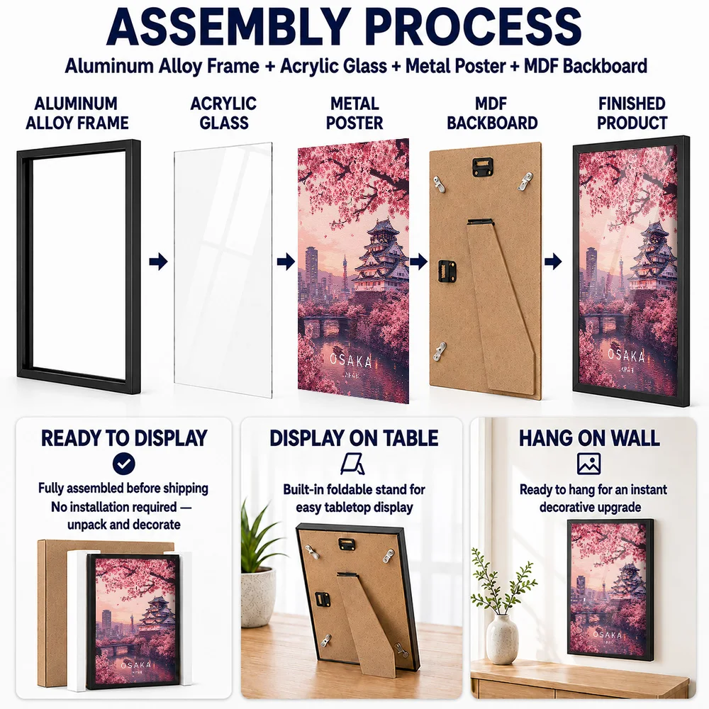 Osaka Castle Cherry Blossom Travel Framed Aluminum Metal Poster Customized Photo Mythic Style Wall Art For Library Reader Gift