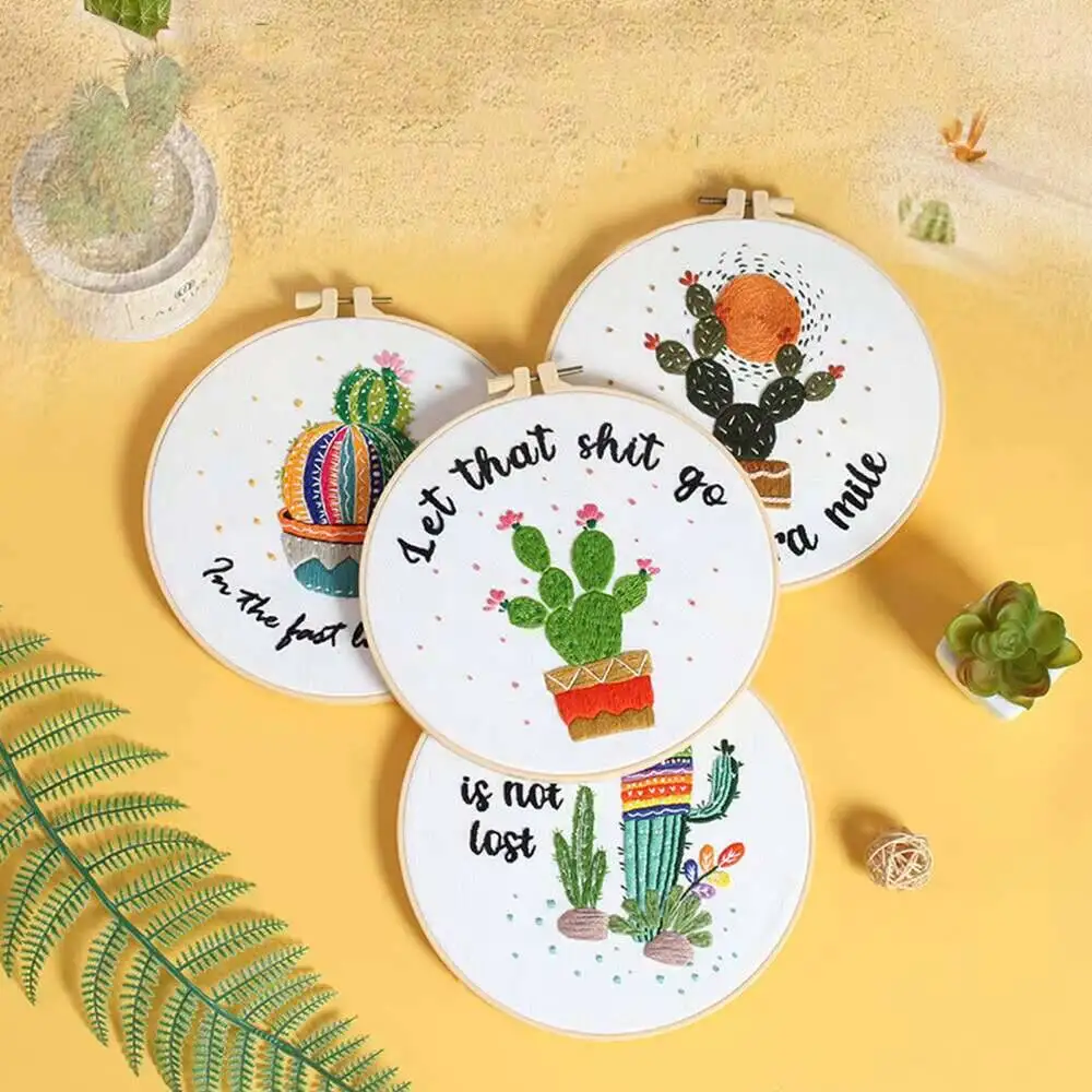 

4pcs Embroidery Kit Cactus With Plants Suitable For Adults To Handcraft Patterns At Home As Decorative Gifts Holiday