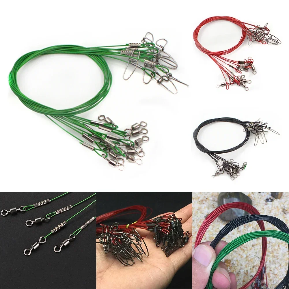 10pcs Fishing Steel Wire Leader 50m With Snap Swivel  Stronger Pulling Force Anti-bite Line Fishing Lure Accessories