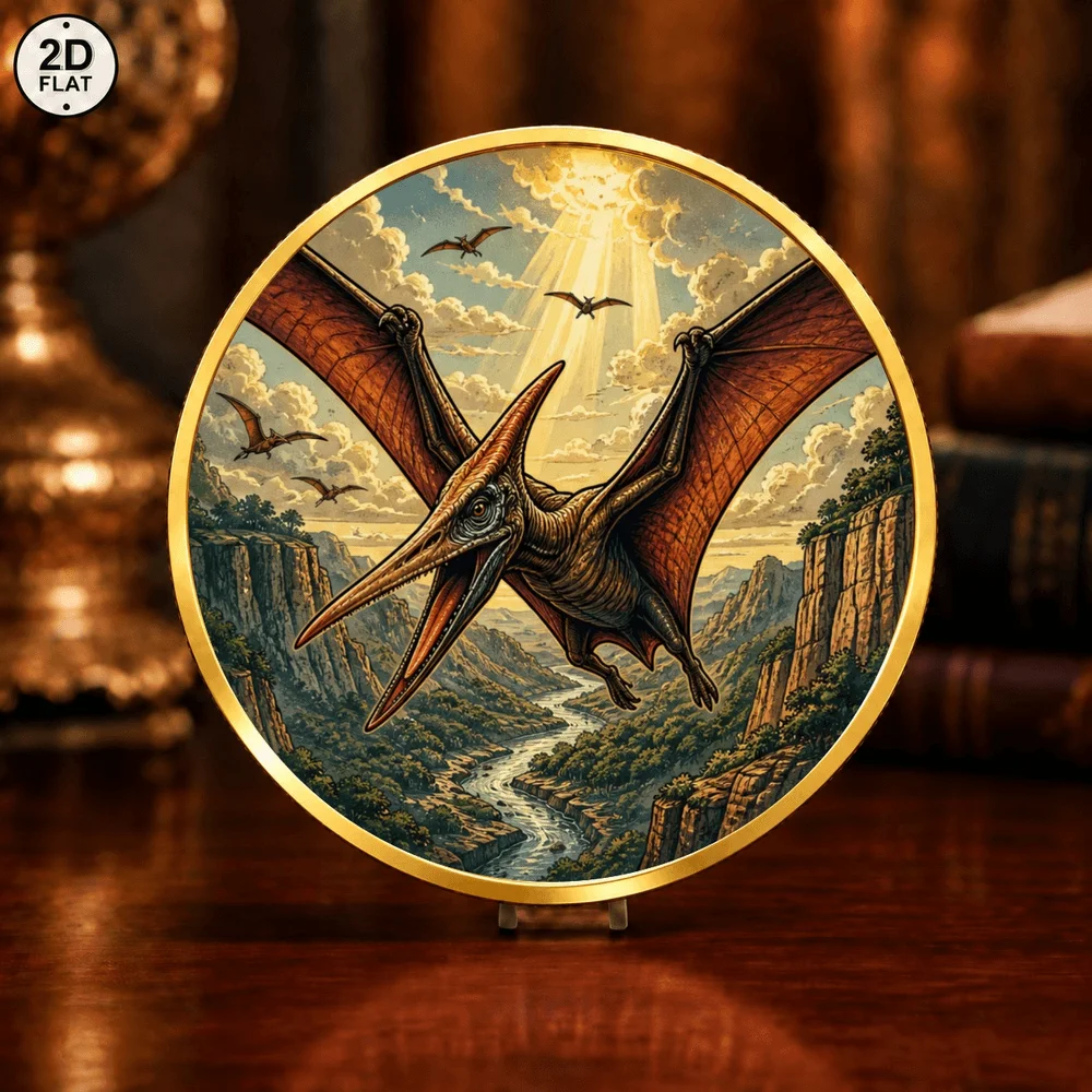 1pc Triceratops Meteor Age Challenge Coin 2D Color Flying Pterosaur Mountain Valley Commemorative Medal Dinosaur Souvenir Gifts