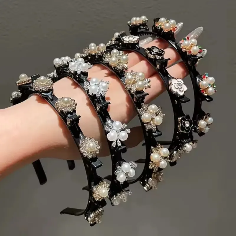 

Rhinestone Pearls Bands Clip Hairbands Fashion Plastic Braided Headband Punk Knitting Womens Headwear Hair Accessories Pearl