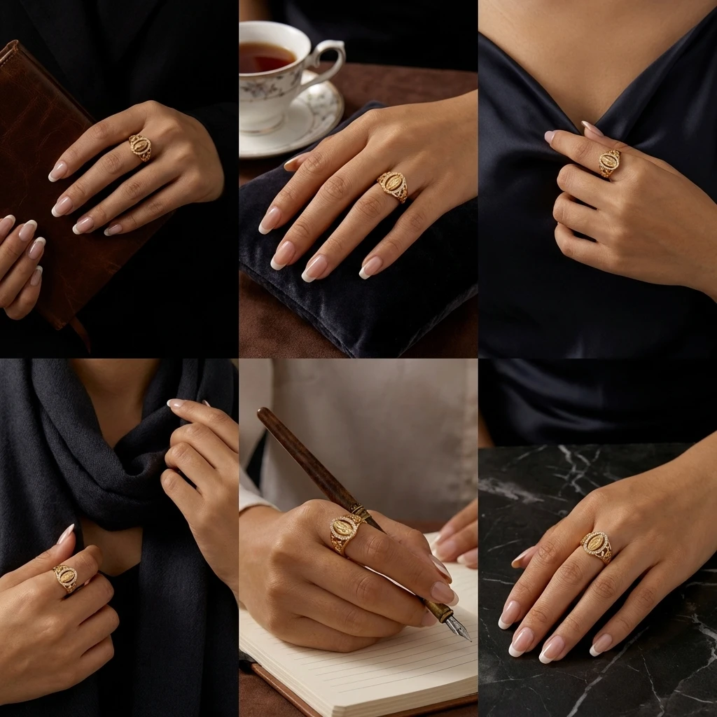 Vintage Porträt-Kameo-Ring für Damen Messing Zirkon Antiker Blumenrelief Ovaler Halo-Band Boho Romantischer Statement-Schmuck – Detail 2