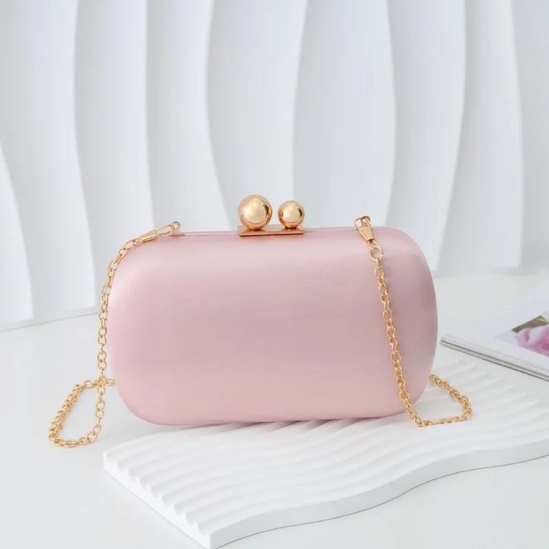 Elegant Silky Satin Evening Purses Women's Two Gold Closure Glossy Clutch Bags Wedding Party Bridemaid Cloth Pearl Pink Handbag view 2