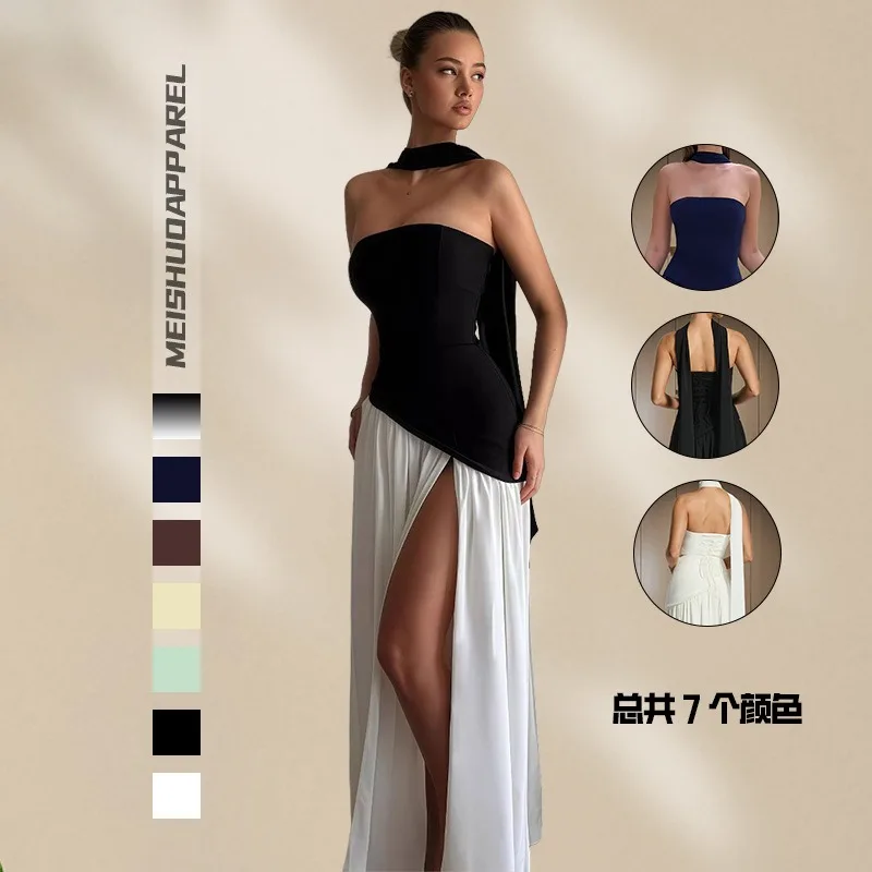 

Women Bustier Straps Dress Summer New French Sexy Split Long Dress Elegant Skinny Dress High Luxury Elegant Temperament