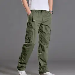 2023 Men's Casual Cargo Cotton Pants Men Pocket Loose Straight Pants Elastic Work Trousers Brand Fit Joggers Male Large Size