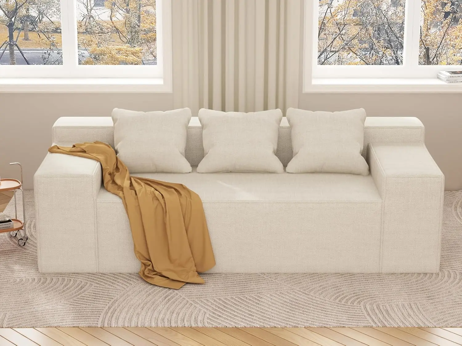 3-Seater Sofa, Hybrid Sofa in a Box, No Assembly Required, Comfy Sofa Couch with 3 Matching Pillows, Cat-Scratch Resistant Linen