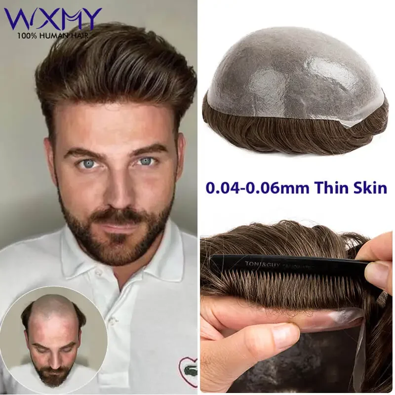 شعري طبيعي للرجال الشعر المستعار 0.04-0.06 مللي متر قاعدة الجلد الرقيق 6 "شعر مستعار بشري ريمي شعر مستعار الذكور الشعرية الاصطناعية