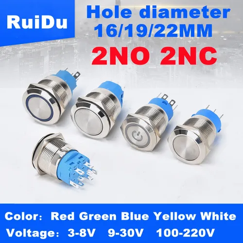 Imagen 1 del producto Interruptor de botón de metal resistente al agua de 16/19/22mm 2NO2NC interruptor de alimentación del motor automotriz de reinicio de bloqueo automático 3V6V12V24V220V rojo verde azul