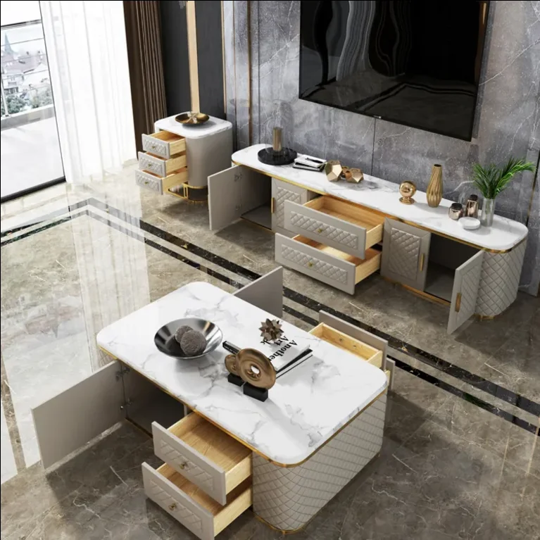 

Modern 3 Drawers Cabinet Leather Finish Home Living Room Furniture Marble Top Side Table Beside TV Small Corner Table Sets