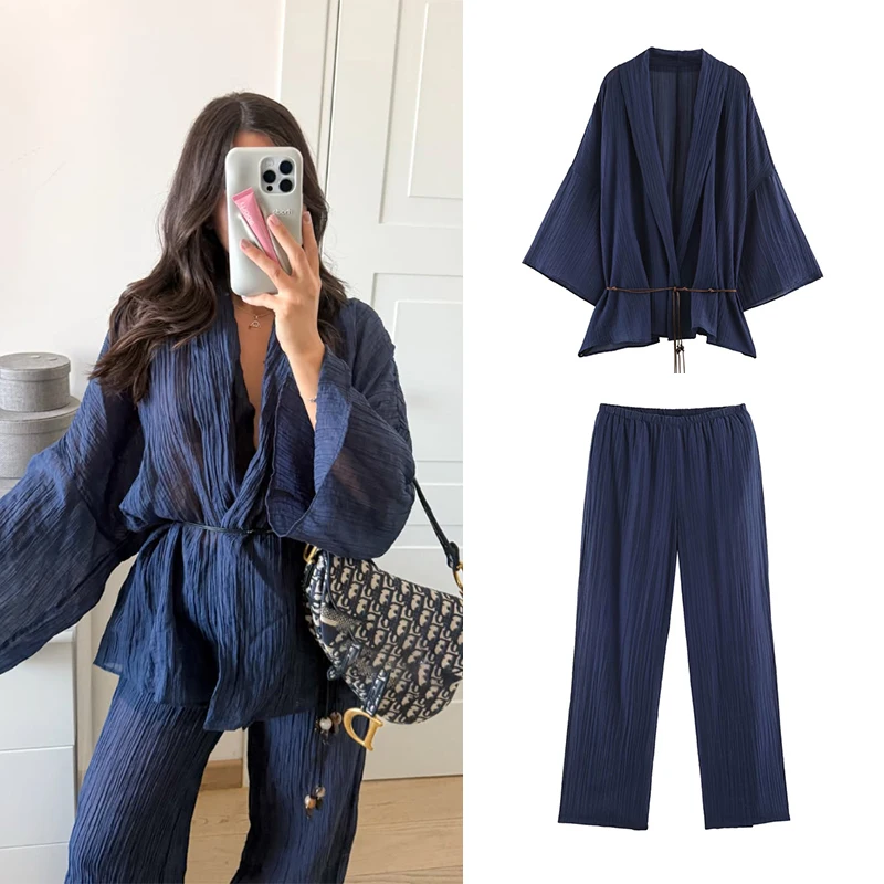 Women's Chinese-style clothing: wrinkled texture cardigan top, elastic waist wide-leg pants, loose casual vacation two-piece set