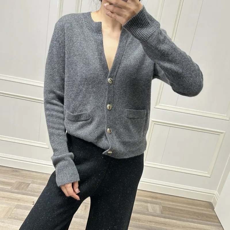 Spring Cashmere Deep V Double-collar Urban Fashionable Intellectual Style Long-sleeved Solid Color Knitted Cardigan for Women