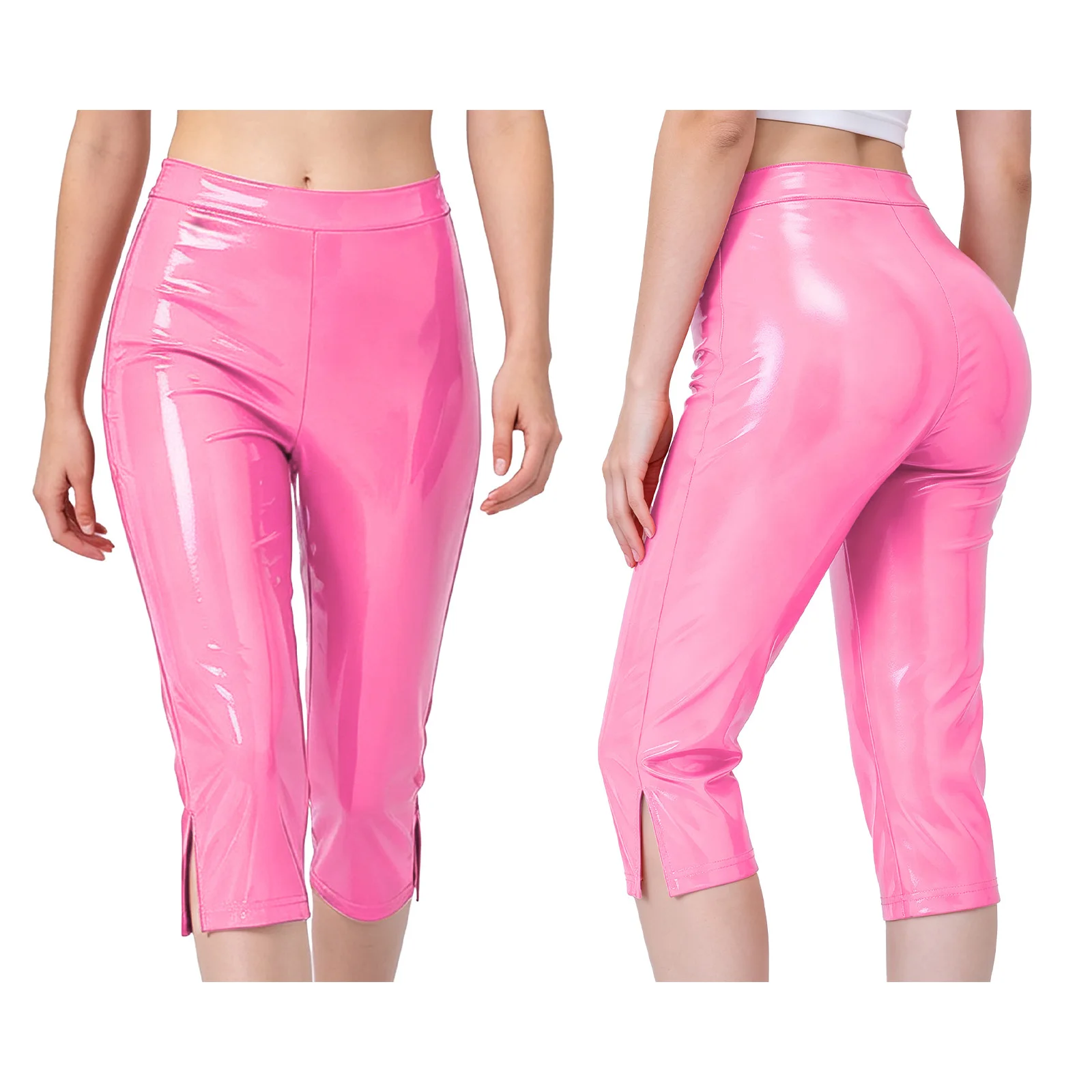 Women Retro Y2k Capri Pants Wet Look Patent Leather High Waist Skinny Pencil Trousers for Streetwear Nightclub Rave Party Bar