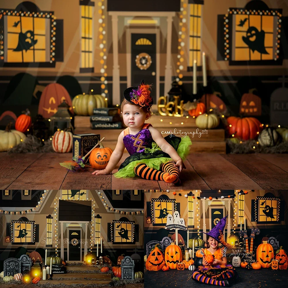 ฮาโลวีน Haunts ภาพพื้นหลัง Tombstone Skeleton ฟักทอง Photo Studio Props เด็กภาพเค้ก Smash การถ่ายภาพฉากหลัง