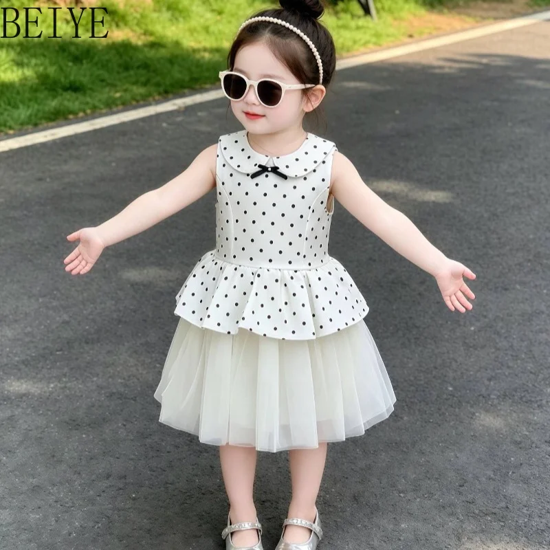 

Sleeveless Doll Collar Mesh Tutu Dress New Sweet Girls Polka Dot Mesh Dress Summer Princess Birthday Party Outfit Daily Dress