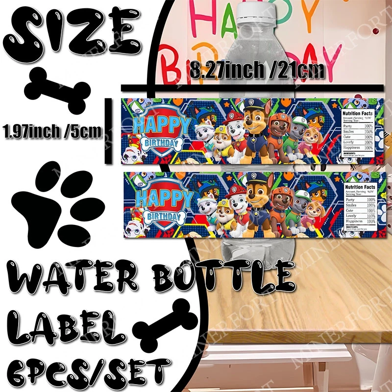 Bedruckte Aufkleber für Pfotenpatrouillen-Wasserflaschen, atemberaubende, lustige, niedliche Hunde, lebendige Dekoration für Geburtstagsparty-Geschenke für Jungen und Mädchen