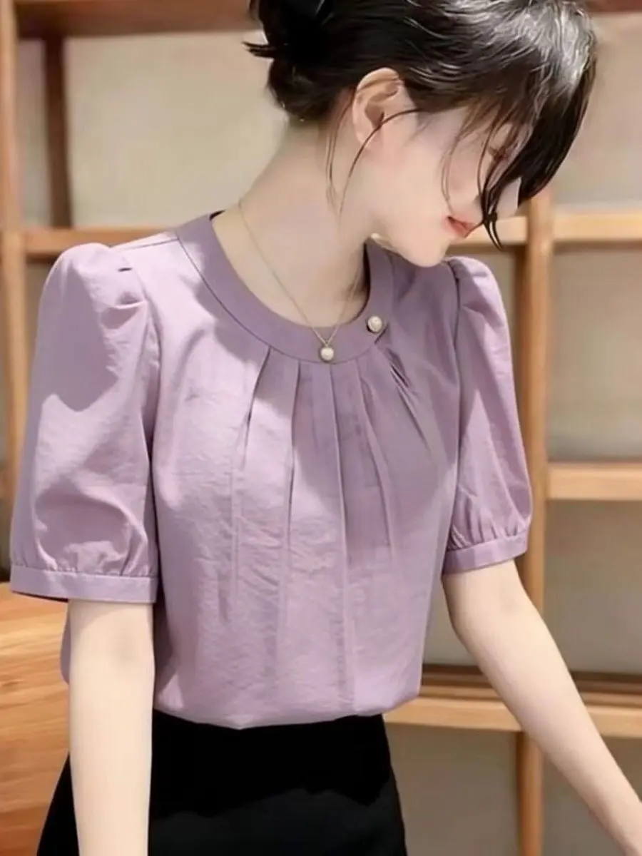 

Fashionable Ladies Bubble Sleeve Shirt Short Sleeve Summer New Style Casual Loose Fit round Neck Top Elegant Versatile Ageless