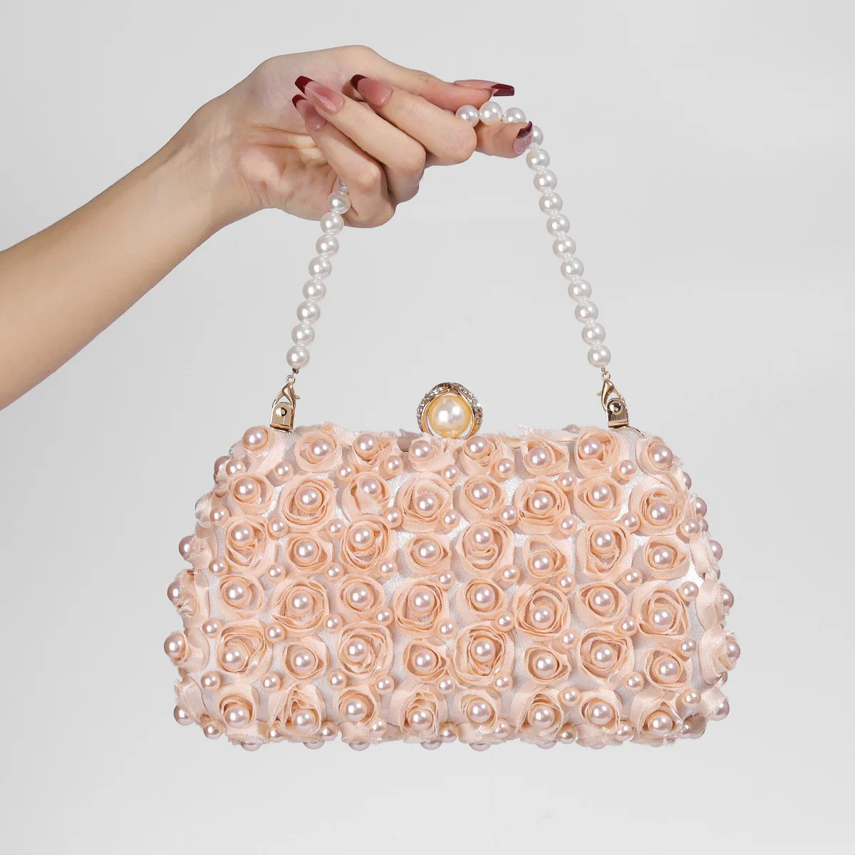 

Fashion Champagne Pearl Rose flower Clutches Evening Bag For Women Chain Handbags Wedding Party Shoulder Bag Fine Trendy Clutch