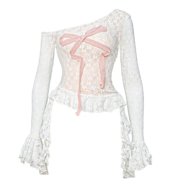 

2025 Korean Fashion Sweet Lace T-shirts Sexy Long Sleeve Bow Kawaii Tee Shirt Y2K Streetwear Female Clothing Irregular Tops Chic